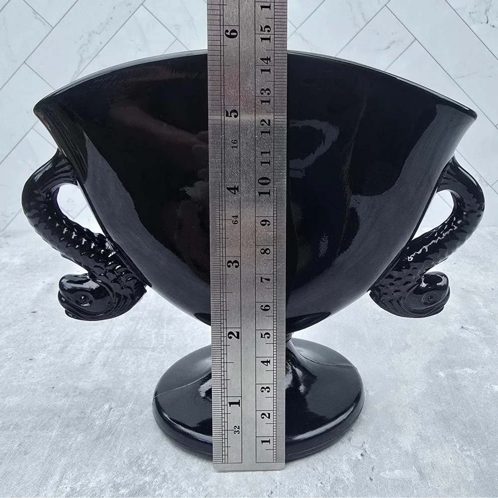 Vintage Black Amethyst Glass Trophy Vase Koi Fish Dolphin Handles Art Deco